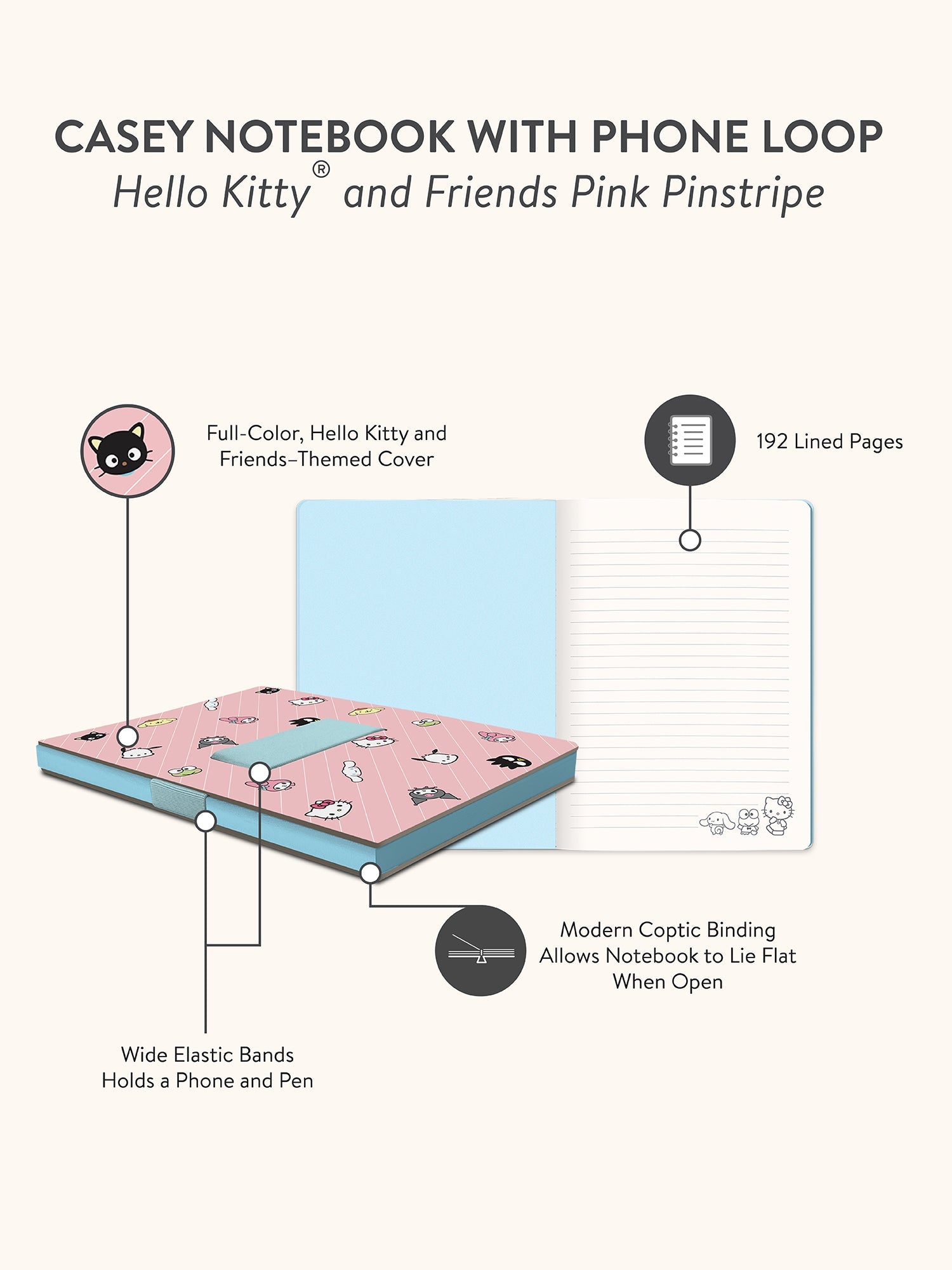 Hello Kitty and Friends x Studio Oh! Pink Pinstripe Casey Notebook with Phone Loop - Image 9