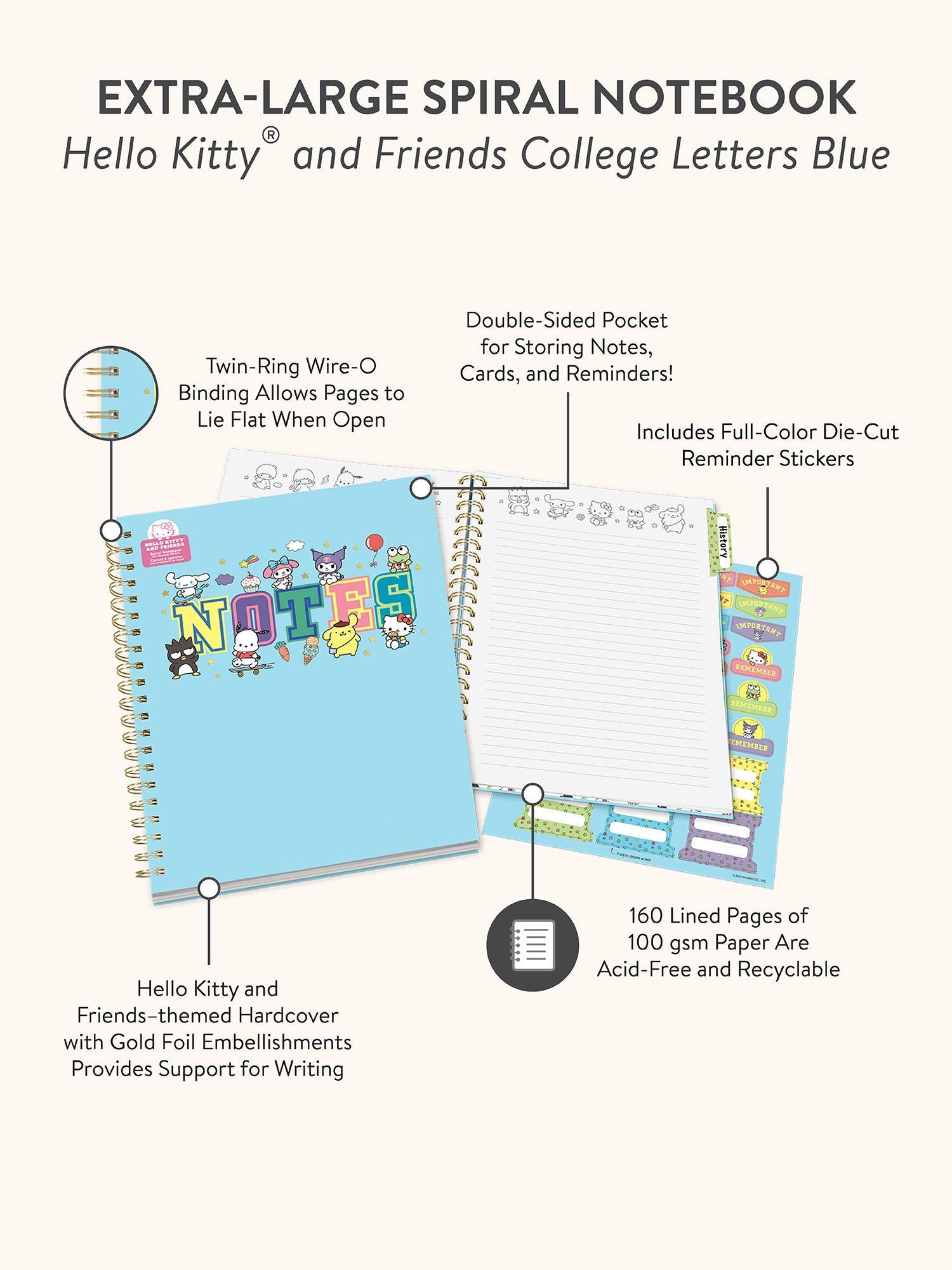 Hello Kitty and Friends x Studio Oh! College Letters Blue Extra-Large Spiral Notebook - Image 8